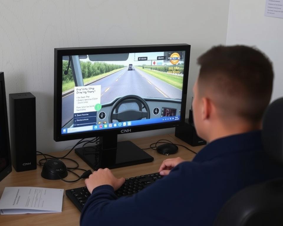 Imagem de uma pessoa estudando em um computador com um simulado da prova teórica da CNH na tela